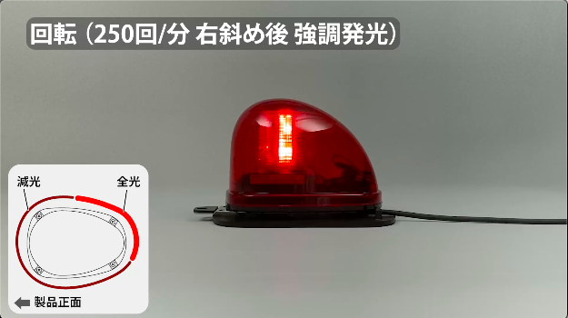 回転（250回/分）右斜め後 強調発光 | 発光パターン | 流線型回転灯